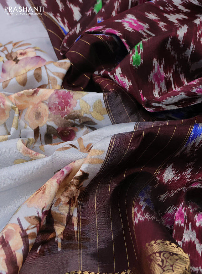 Pochampally silk saree pastel grey and deep maroon with allover floral digital prints and temple design annam zari woven border