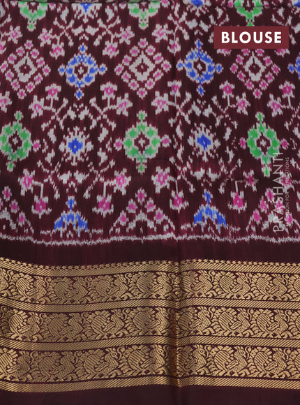 Pochampally silk saree pastel grey and deep maroon with allover floral digital prints and temple design annam zari woven border