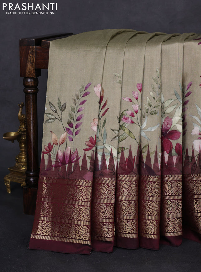 Pochampally silk saree elaichi green and wine shade with allover floral digital prints and temple design annam zari woven border