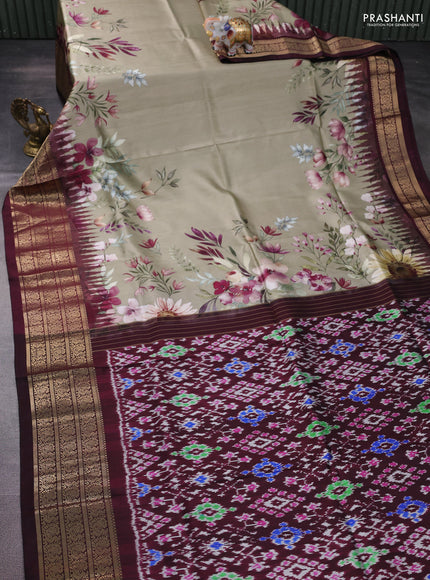 Pochampally silk saree elaichi green and wine shade with allover floral digital prints and temple design annam zari woven border