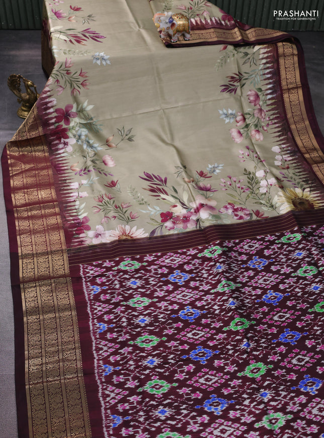 Pochampally silk saree elaichi green and wine shade with allover floral digital prints and temple design annam zari woven border