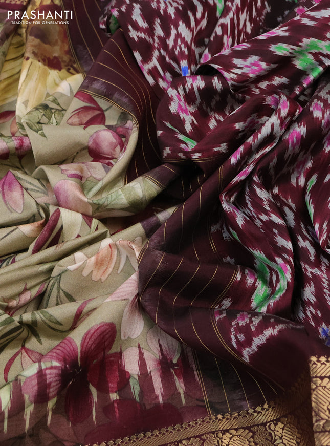 Pochampally silk saree elaichi green and wine shade with allover floral digital prints and temple design annam zari woven border