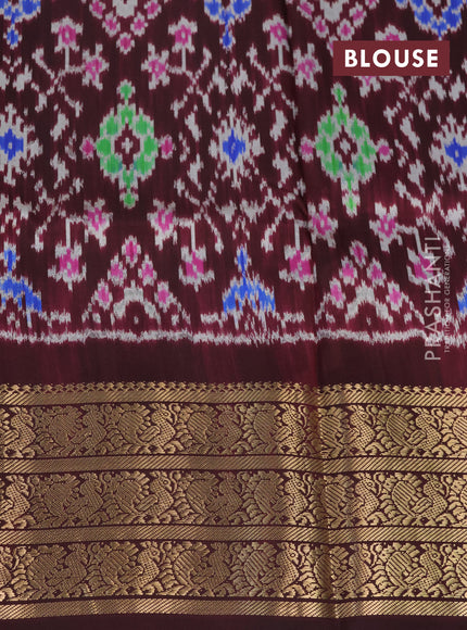 Pochampally silk saree elaichi green and wine shade with allover floral digital prints and temple design annam zari woven border