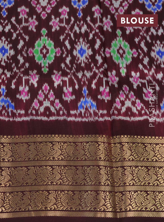 Pochampally silk saree elaichi green and wine shade with allover floral digital prints and temple design annam zari woven border