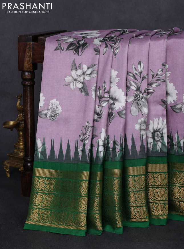 Pochampally silk saree mild lavender and green with allover floral digital prints and temple design annam zari woven border