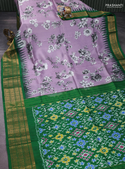 Pochampally silk saree mild lavender and green with allover floral digital prints and temple design annam zari woven border