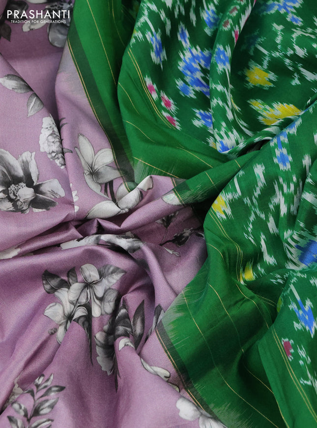 Pochampally silk saree mild lavender and green with allover floral digital prints and temple design annam zari woven border