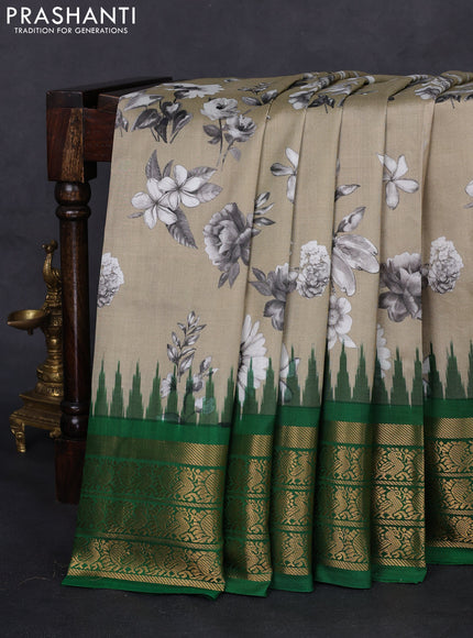 Pochampally silk saree beige and green with allover floral digital prints and temple design annam zari woven border