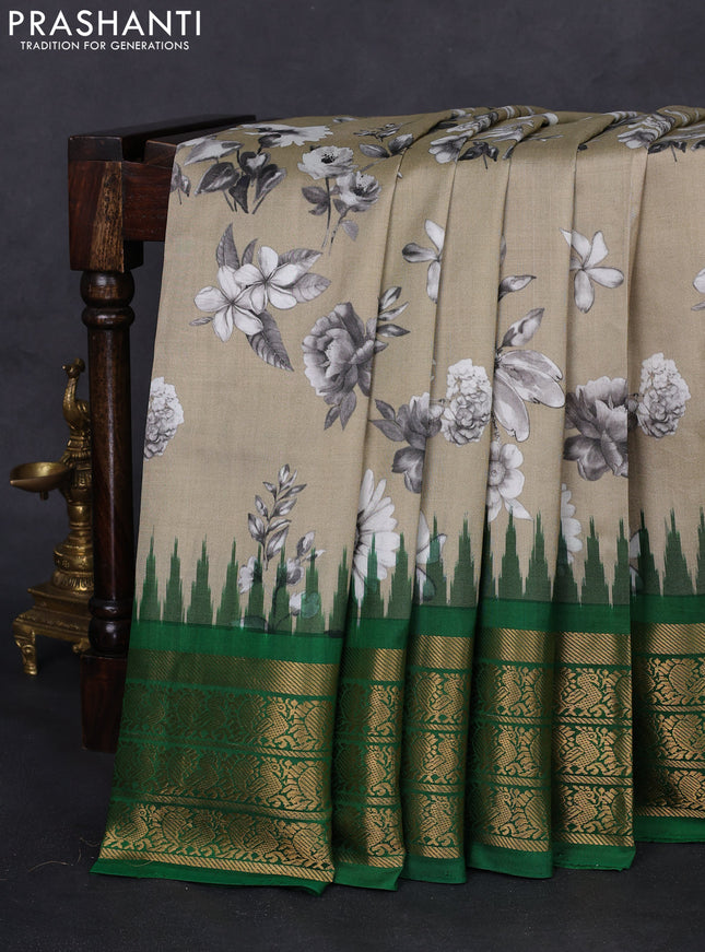 Pochampally silk saree beige and green with allover floral digital prints and temple design annam zari woven border