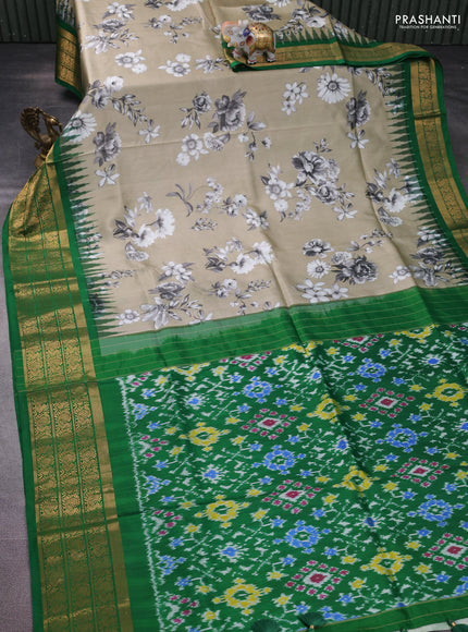 Pochampally silk saree beige and green with allover floral digital prints and temple design annam zari woven border