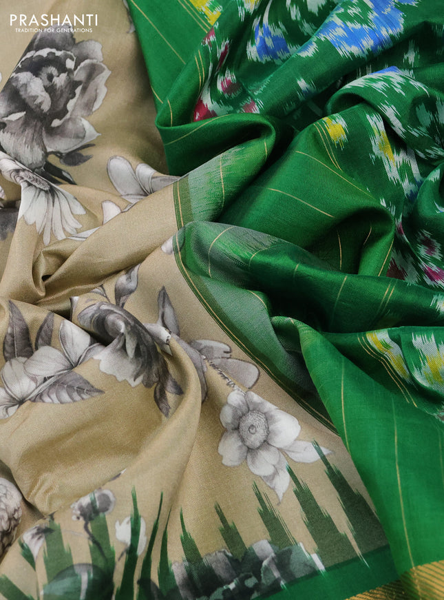 Pochampally silk saree beige and green with allover floral digital prints and temple design annam zari woven border