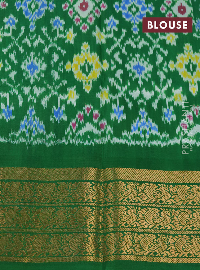 Pochampally silk saree beige and green with allover floral digital prints and temple design annam zari woven border