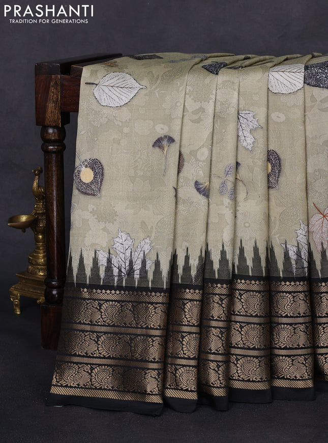 Pochampally silk saree elaichi green and black with allover digital prints and temple design annam zari woven border