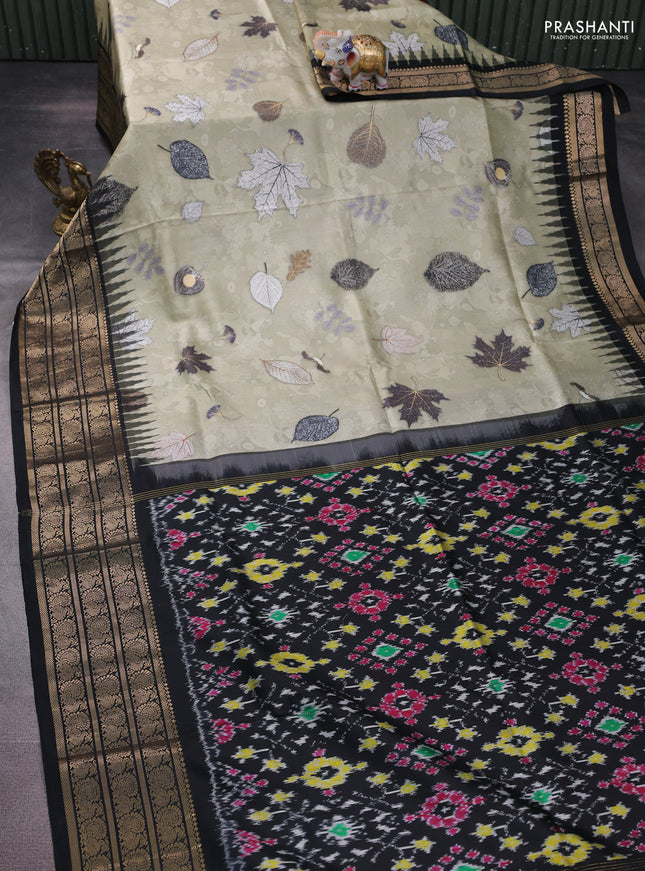 Pochampally silk saree elaichi green and black with allover digital prints and temple design annam zari woven border