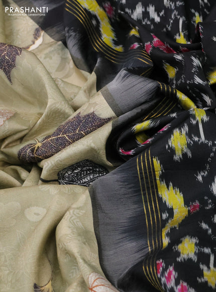 Pochampally silk saree elaichi green and black with allover digital prints and temple design annam zari woven border