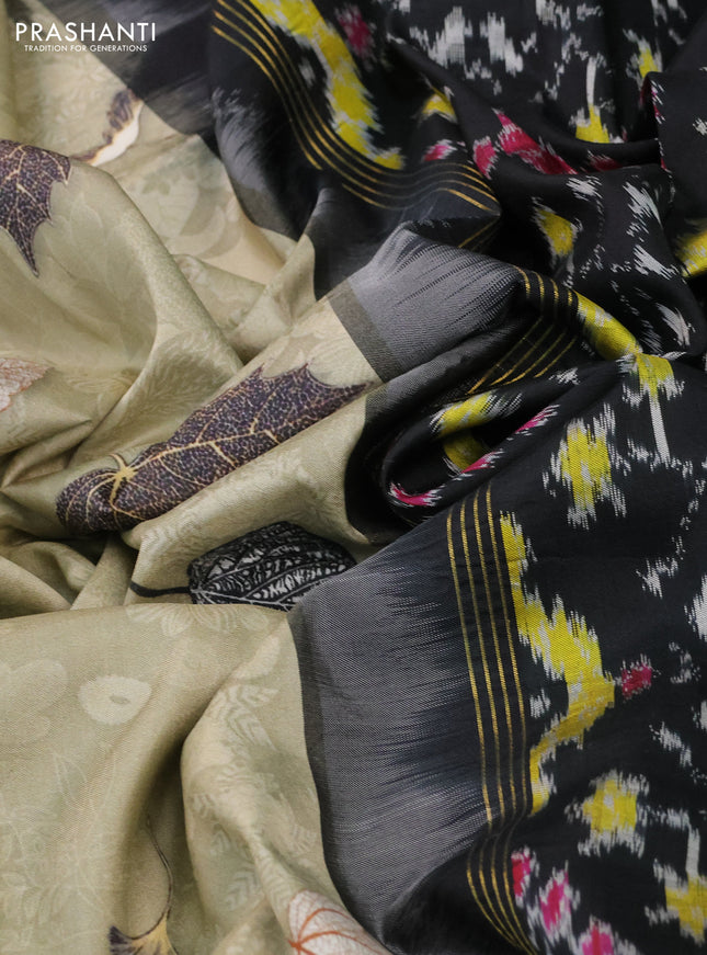 Pochampally silk saree elaichi green and black with allover digital prints and temple design annam zari woven border