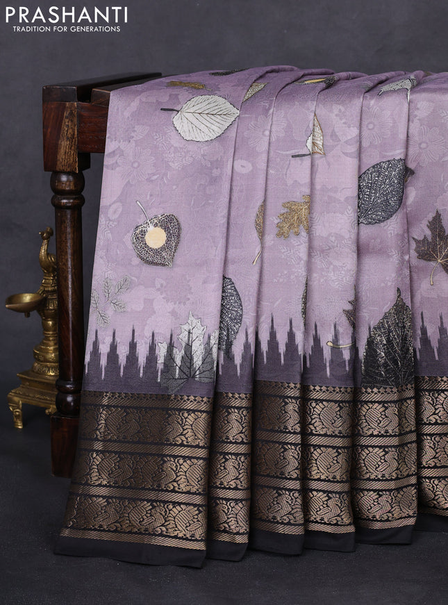 Pochampally silk saree pastel purple and black with allover digital prints and temple design annam zari woven border