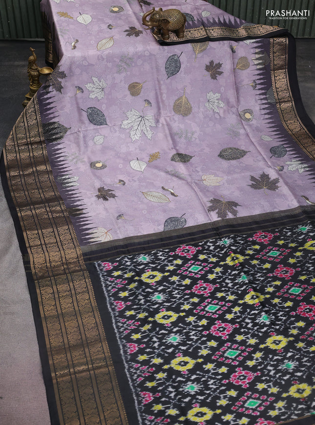Pochampally silk saree pastel purple and black with allover digital prints and temple design annam zari woven border