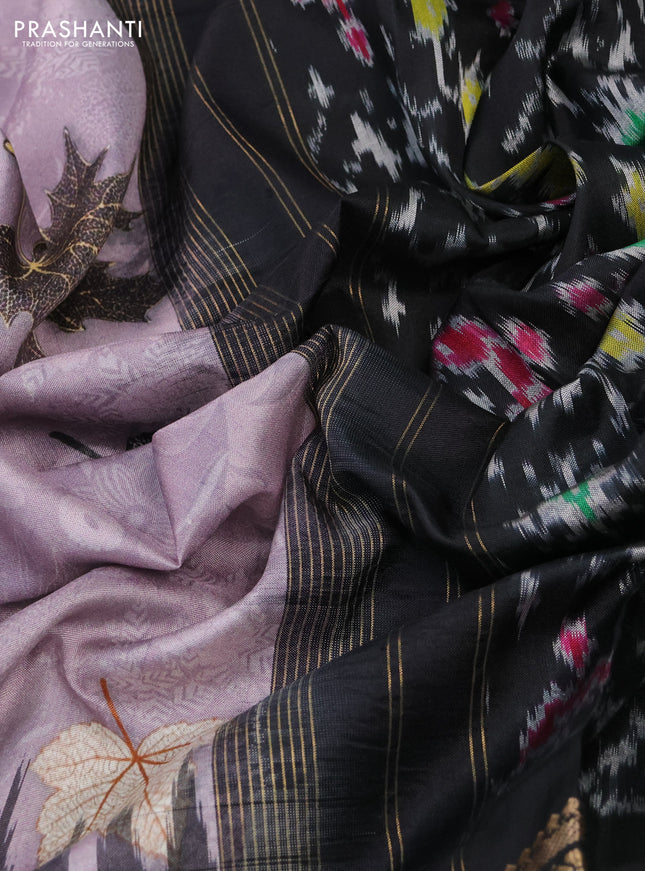 Pochampally silk saree pastel purple and black with allover digital prints and temple design annam zari woven border