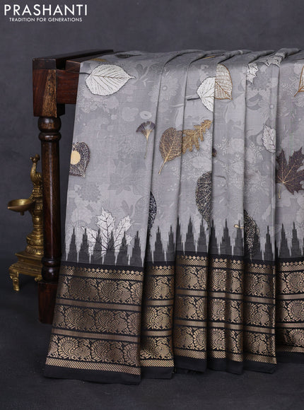 Pochampally silk saree grey and black with allover digital prints and temple design annam zari woven border