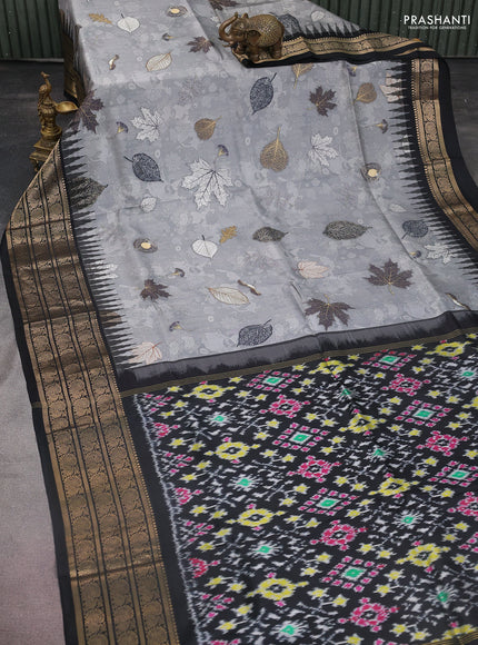Pochampally silk saree grey and black with allover digital prints and temple design annam zari woven border