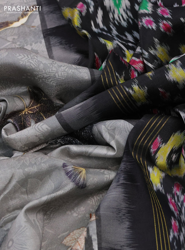 Pochampally silk saree grey and black with allover digital prints and temple design annam zari woven border