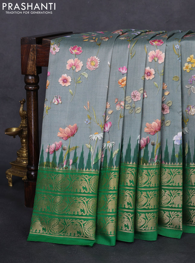 Pochampally silk saree grey and green with allover floral digital prints and temple design zari woven border