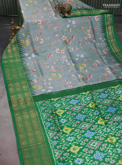 Pochampally silk saree grey and green with allover floral digital prints and temple design zari woven border