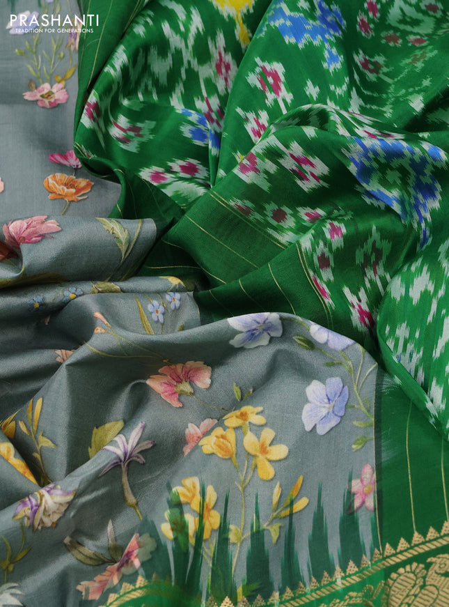 Pochampally silk saree grey and green with allover floral digital prints and temple design zari woven border