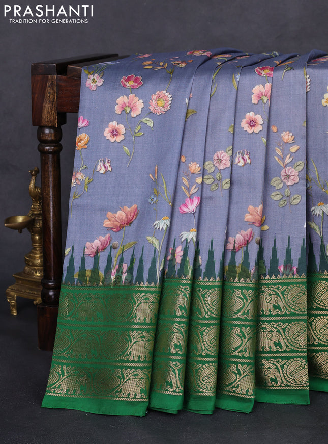Pochampally silk saree bluish grey and green with allover floral digital prints and temple design annam zari woven border