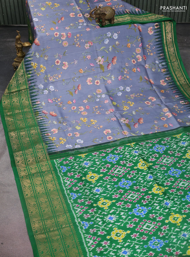 Pochampally silk saree bluish grey and green with allover floral digital prints and temple design annam zari woven border