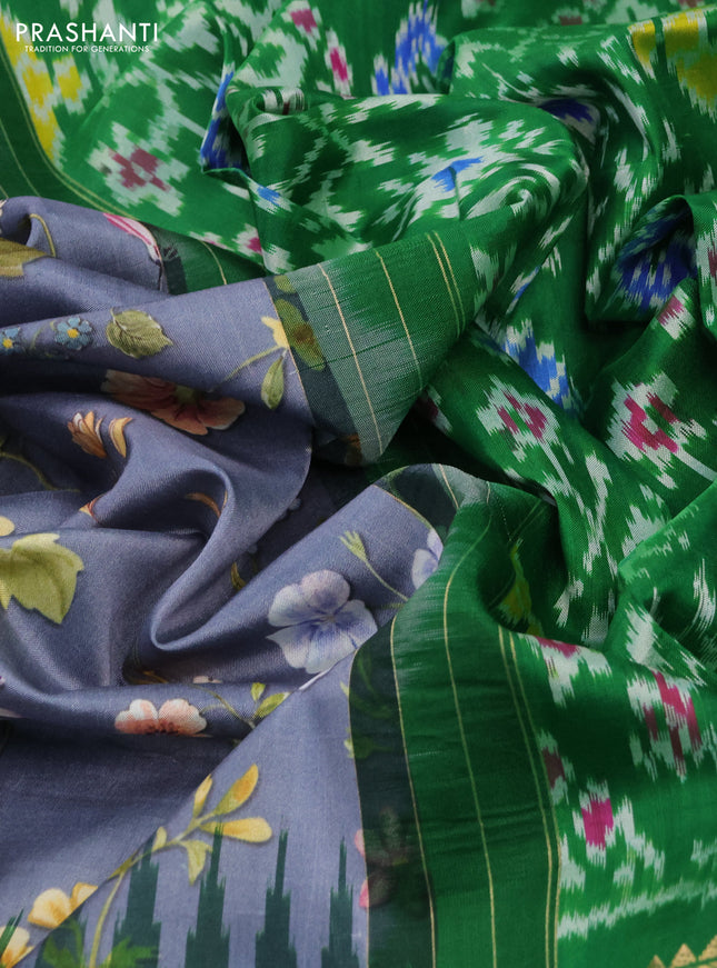 Pochampally silk saree bluish grey and green with allover floral digital prints and temple design annam zari woven border