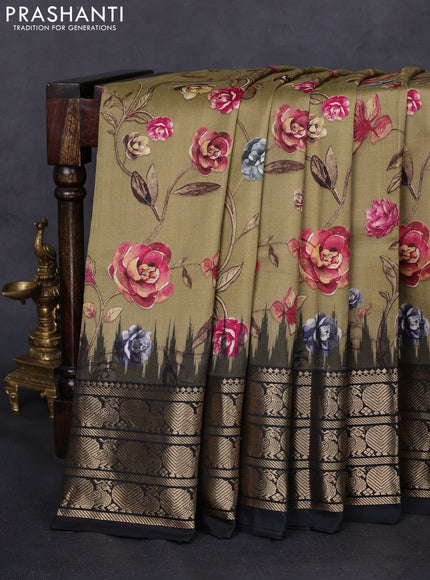 Pochampally silk saree military green and black with allover floral digital prints and temple design zari woven border