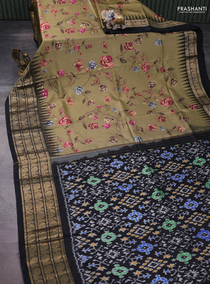Pochampally silk saree military green and black with allover floral digital prints and temple design zari woven border