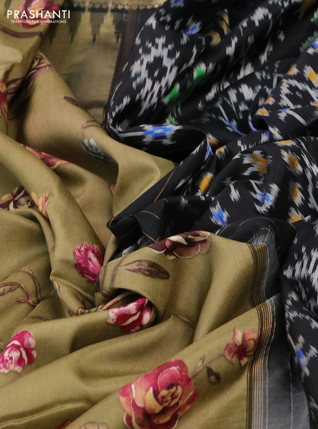 Pochampally silk saree military green and black with allover floral digital prints and temple design zari woven border
