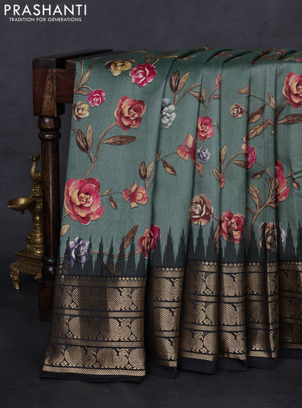 Pochampally silk saree pastel green and black with allover floral digital prints and temple design annam zari woven border