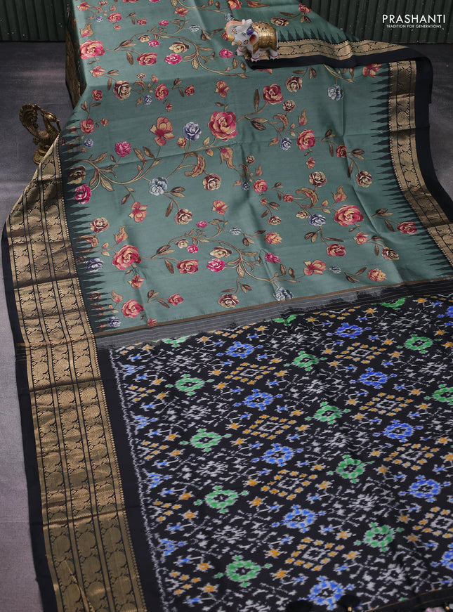 Pochampally silk saree pastel green and black with allover floral digital prints and temple design annam zari woven border