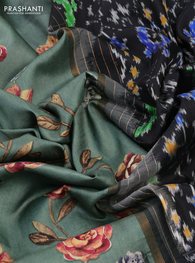 Pochampally silk saree pastel green and black with allover floral digital prints and temple design annam zari woven border