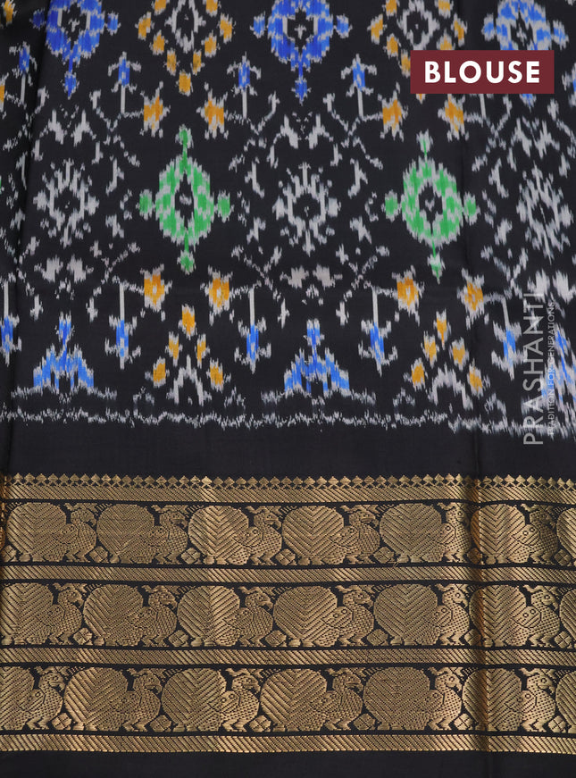 Pochampally silk saree pastel green and black with allover floral digital prints and temple design annam zari woven border