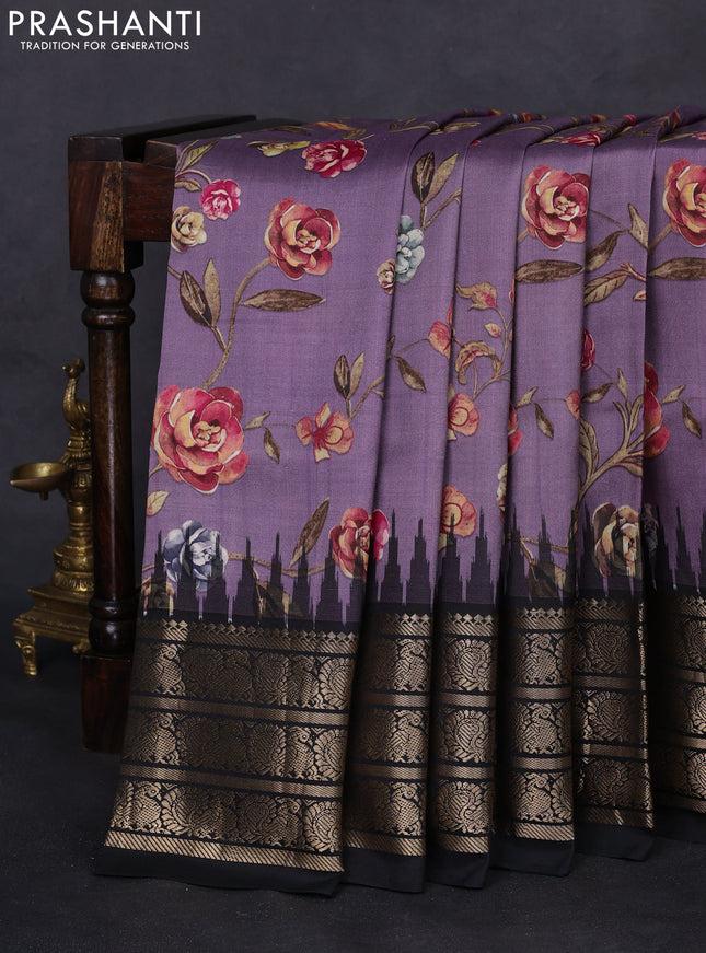 Pochampally silk saree pastel purple and black with allover floral digital prints and temple design annam zari woven border