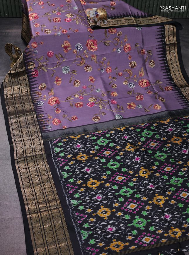 Pochampally silk saree pastel purple and black with allover floral digital prints and temple design annam zari woven border