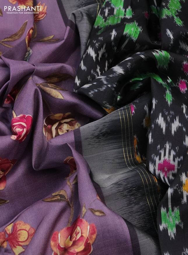 Pochampally silk saree pastel purple and black with allover floral digital prints and temple design annam zari woven border