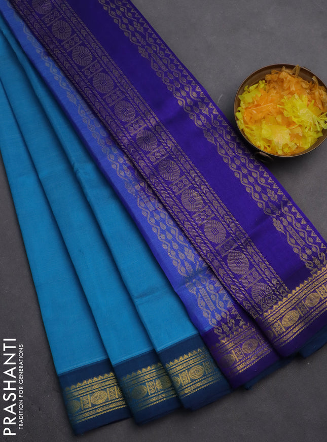 Silk cotton saree cs blue and blue with plain body and zari woven border