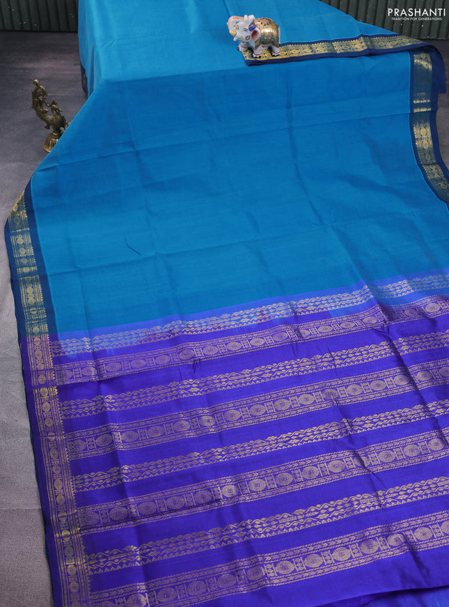 Silk cotton saree cs blue and blue with plain body and zari woven border