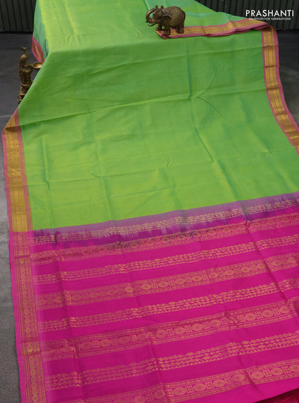 Silk cotton saree light green and pink with plain body and zari woven border