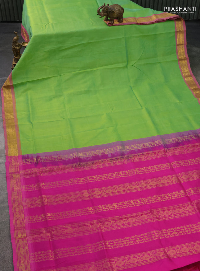 Silk cotton saree light green and pink with plain body and zari woven border
