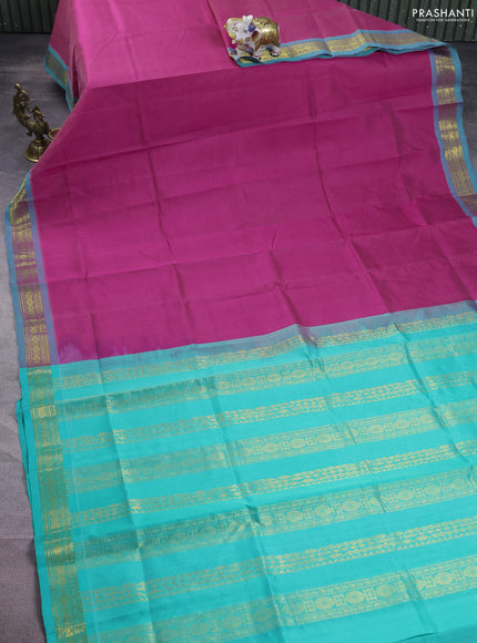 Silk cotton saree magenta pink and teal green with plain body and zari woven border