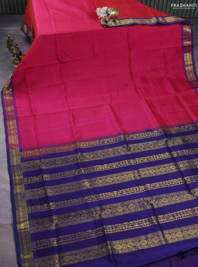 Silk cotton saree pink and dark blue with plain body and zari woven border