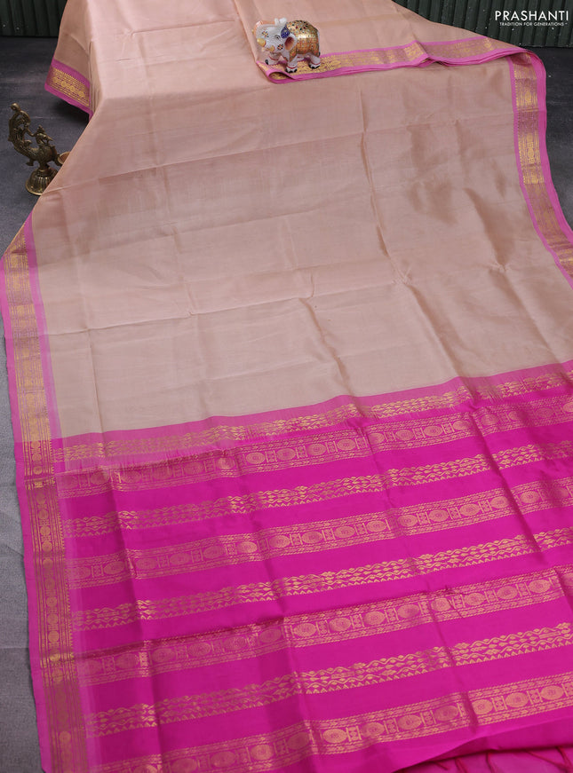 Silk cotton saree sandal and pink with plain body and zari woven border