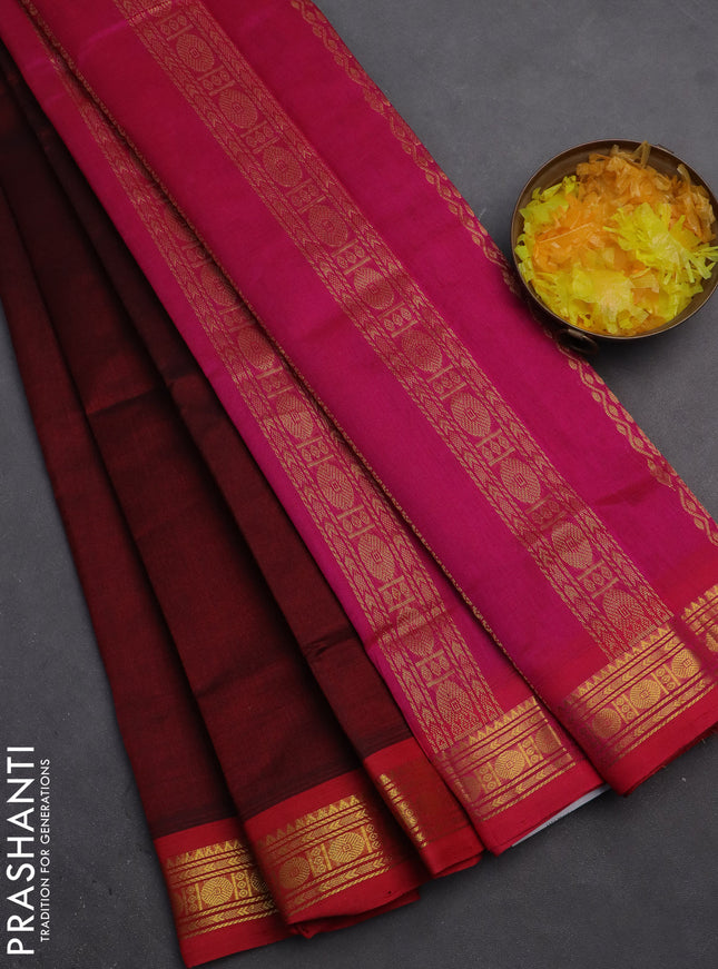 Silk cotton saree deep maroon and pink with plain body and zari woven border